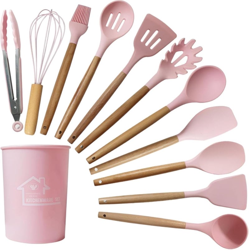 طقم توزيع سيليكون مكون من 12 قطعة مع مقبض خشبي - لون وردي مميز - جودة احترافية. (وردي)